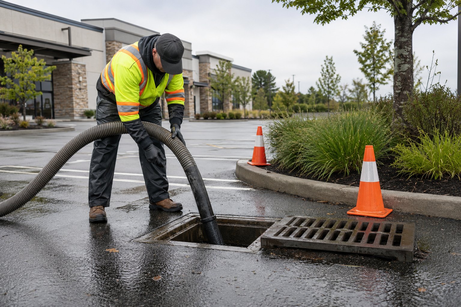 Technician in high visibility clothing vacuuming a catch basin in a commercial parking lot with cones in place