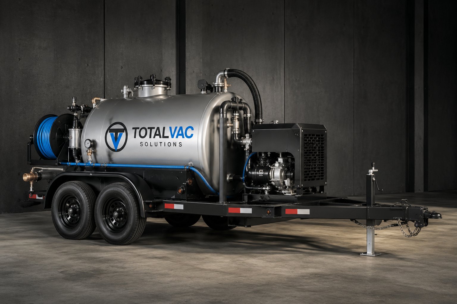 TotalVac vacuum trailer with tank, hose reel and pump shown against a dark backdrop