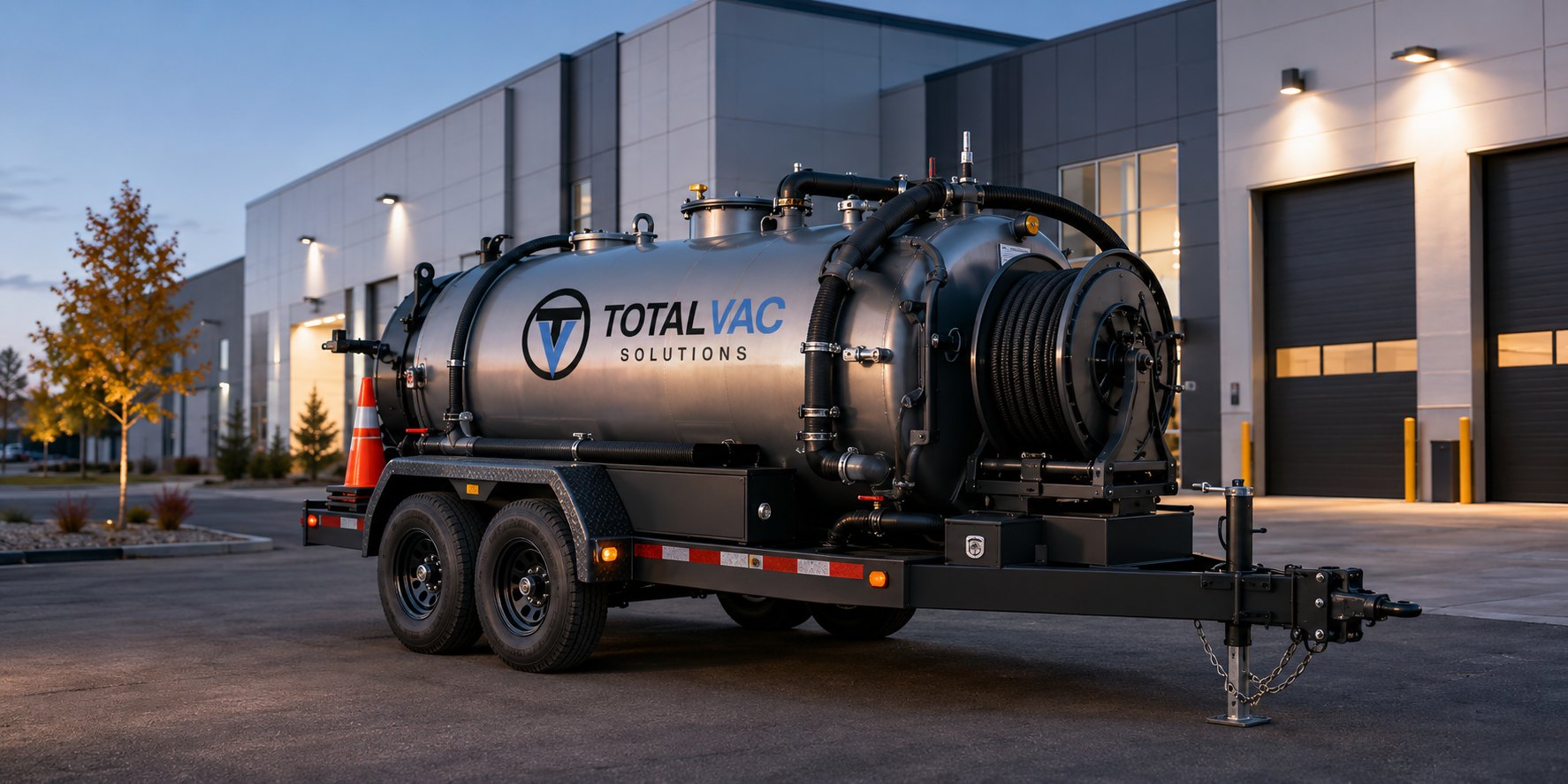 TotalVac vacuum trailer with tank and hose reel parked outside a commercial building