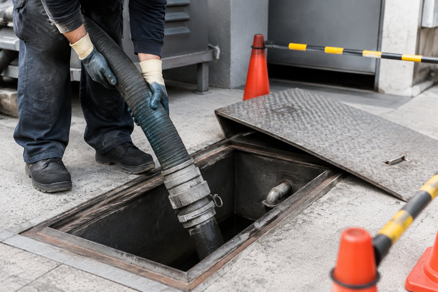 Technician lowering a vacuum hose into a service access hatch with safety cones set around the work area