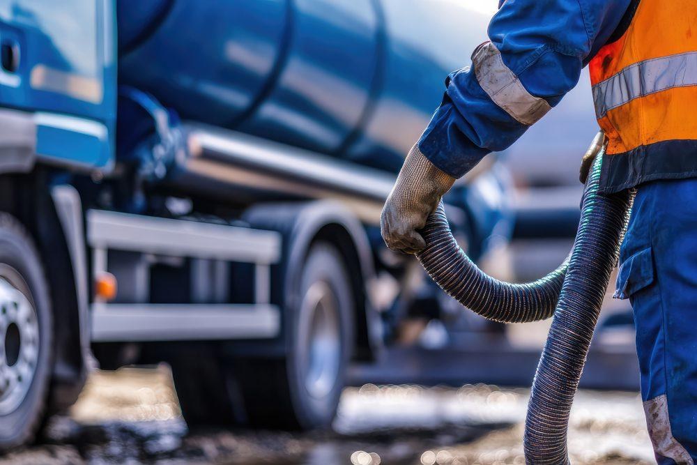 Operator in protective clothing handling a vacuum hose beside a liquid waste tanker