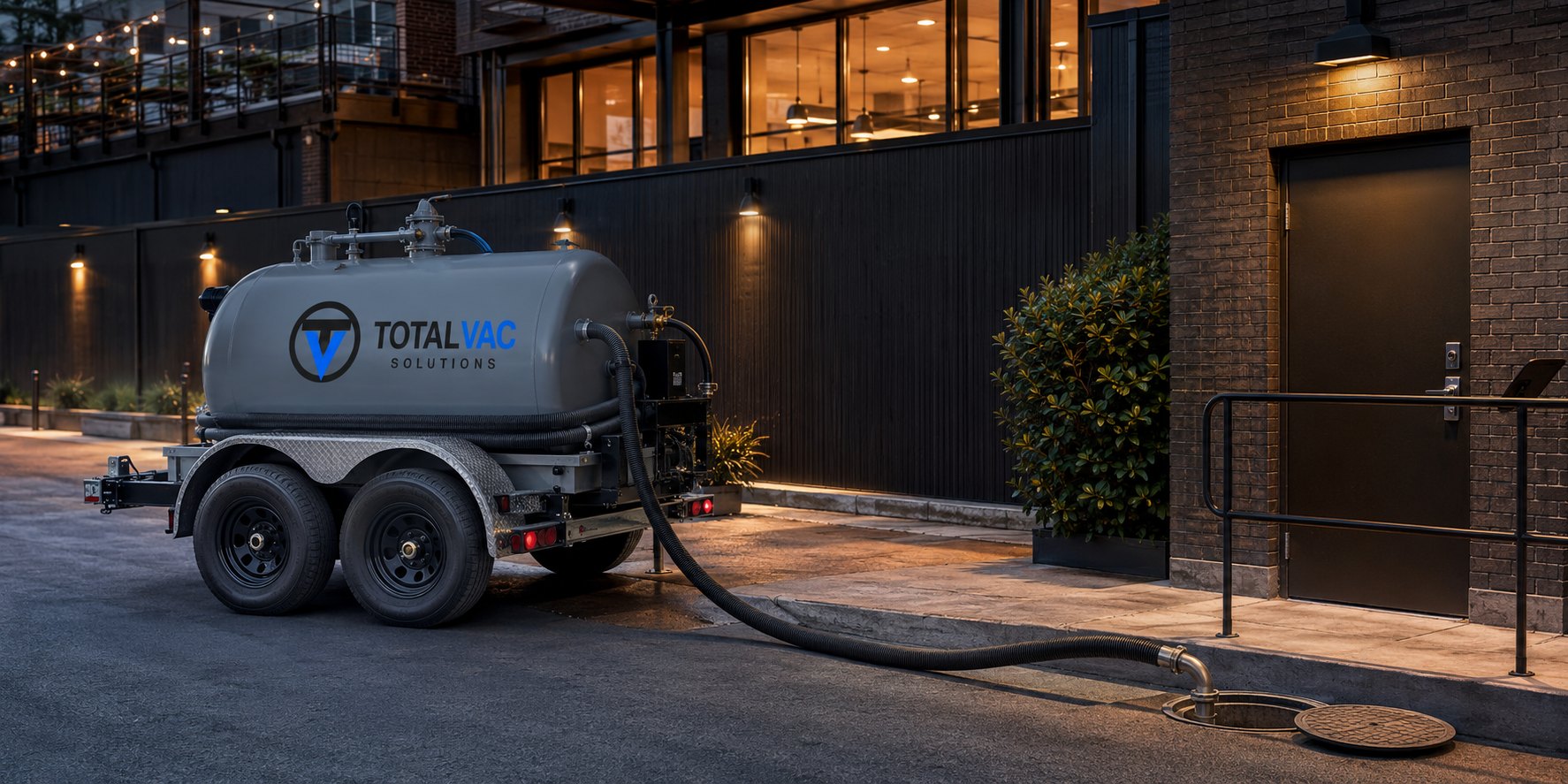 TotalVac vacuum trailer connected to a service access point at a restaurant service entrance in the evening