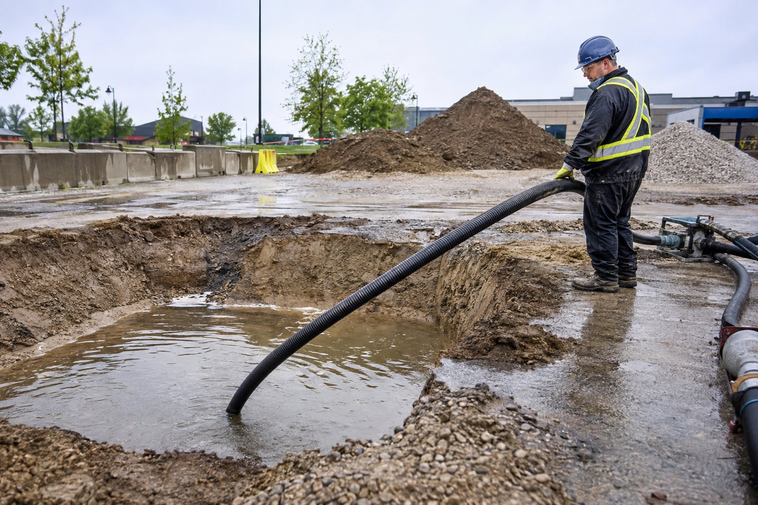 Technician removing standing water from an excavation on a construction site with a vacuum hose