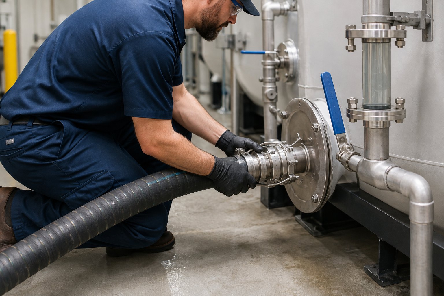 Technician coupling a vacuum hose to a stainless steel tank fitting inside a mechanical room