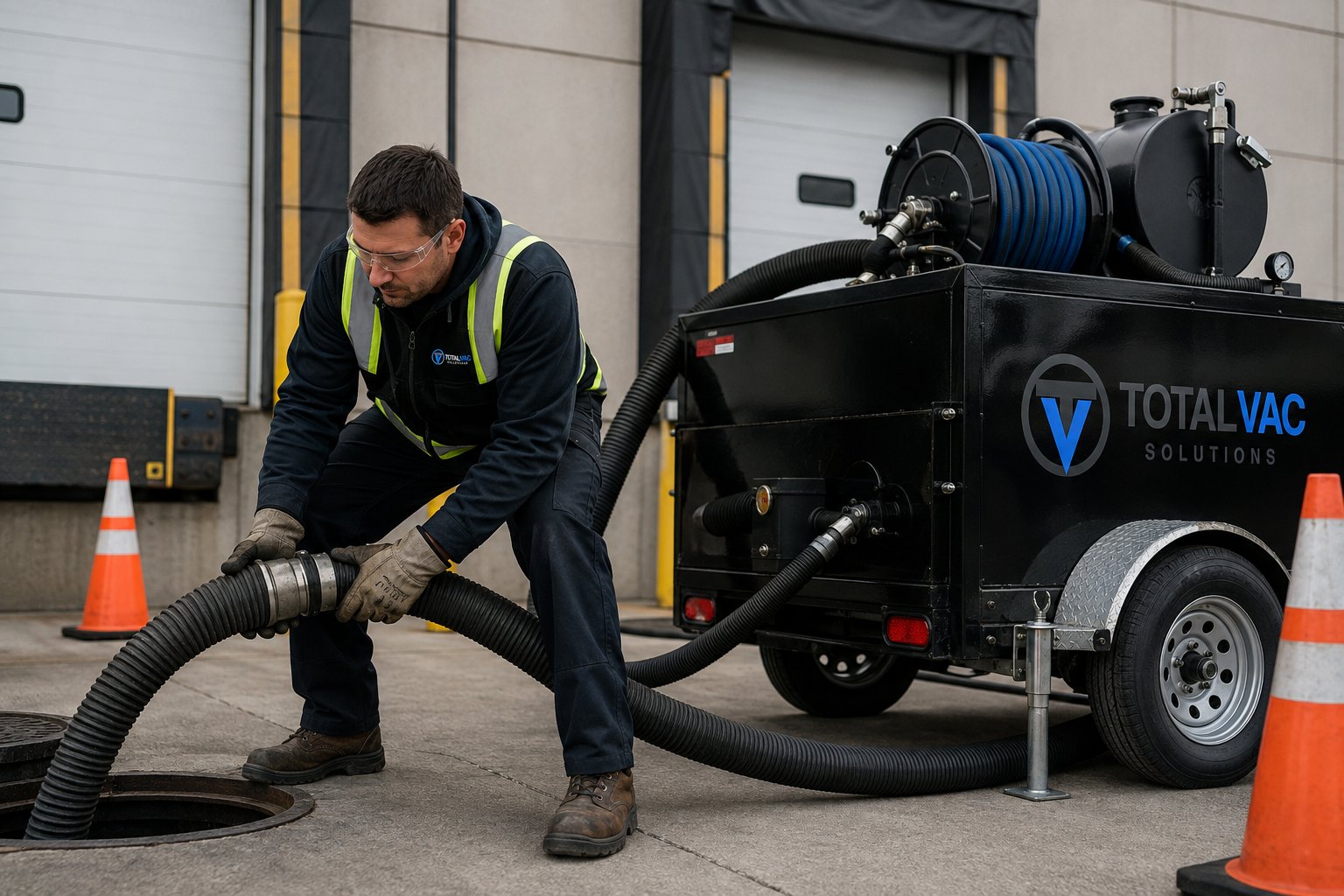 TotalVac technician guiding a vacuum hose into a ground access point beside a branded TotalVac trailer at a loading dock